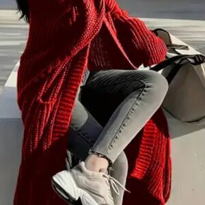 EUC Women's Crimson Red Cable Knit Long Cardigan